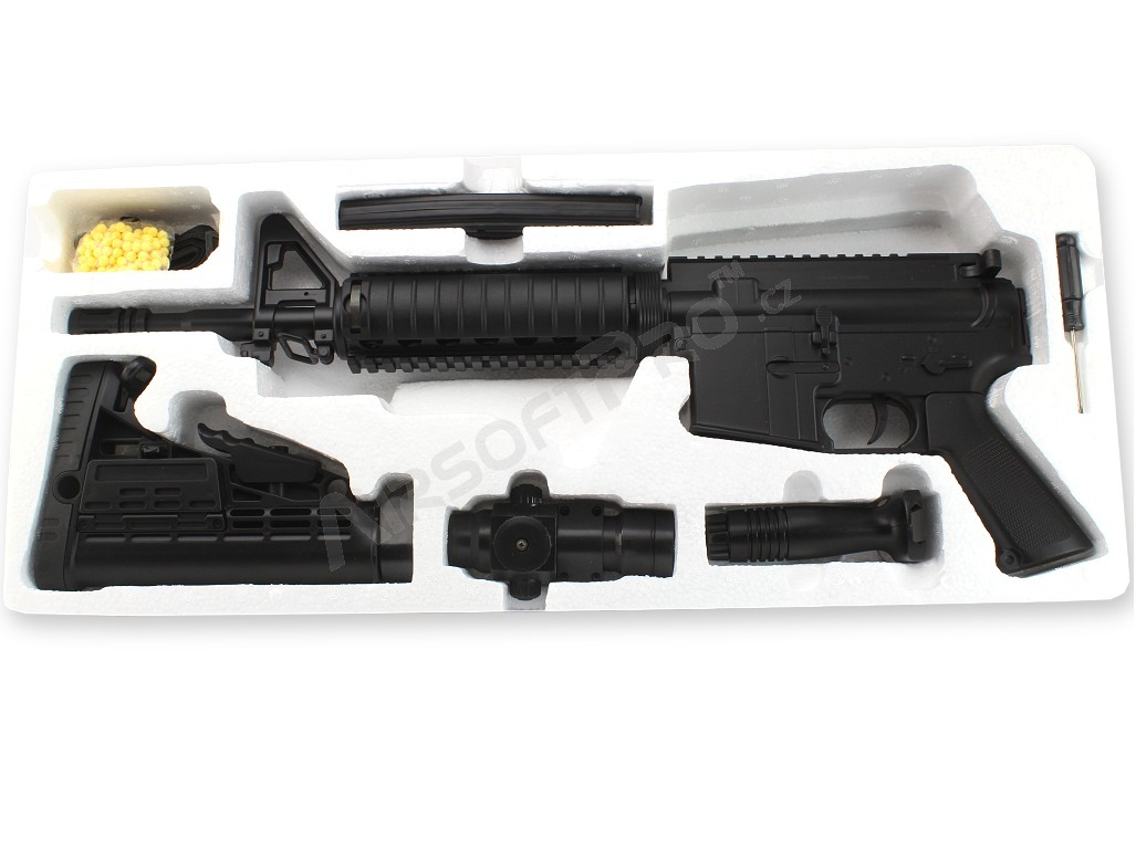 Airsoftová zbraň M4 RIS CQB + rukojeť + kolimátor, ABS, manuál [Well]